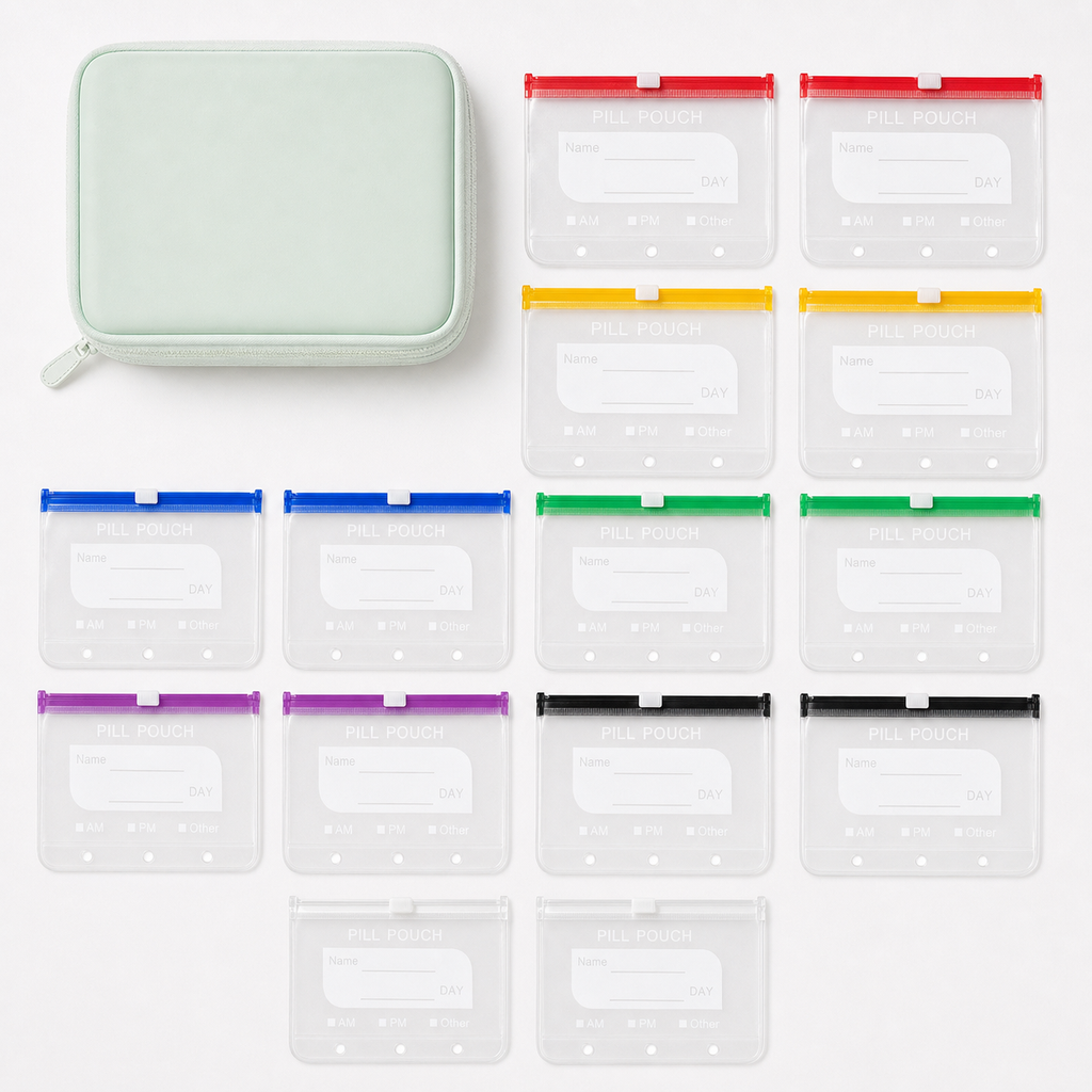Contents - 14 color-coded PVC pill pouches