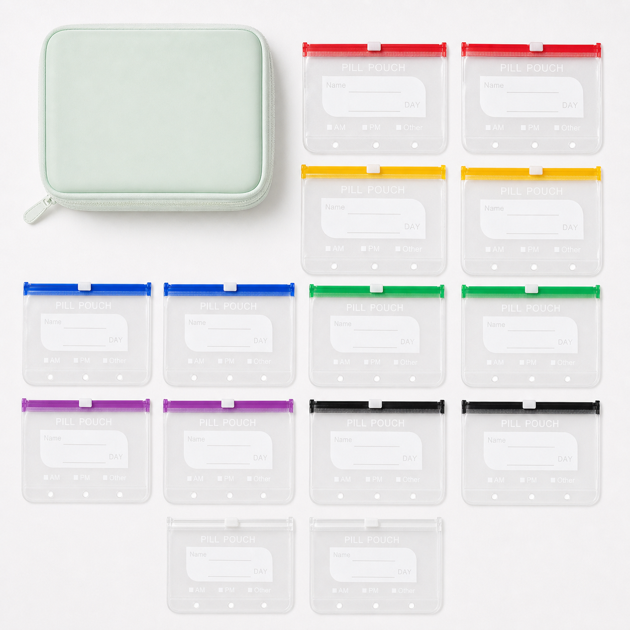 Contents - 14 color-coded PVC pill pouches